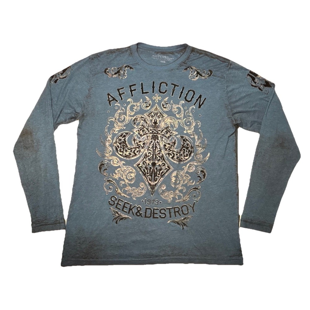 Affliction Y2K Long Sleeve‎ Graphic Cross Shirt XXL Ornate Gothic MMA Tee